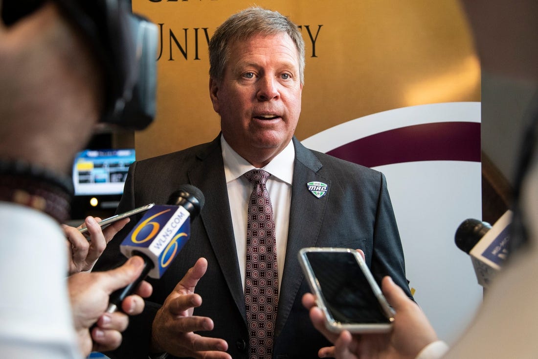 Central Michigan head football coach Jim McElwain talks to reporters during the MAC football media day at Ford Field on Tuesday, July 20, 2021.