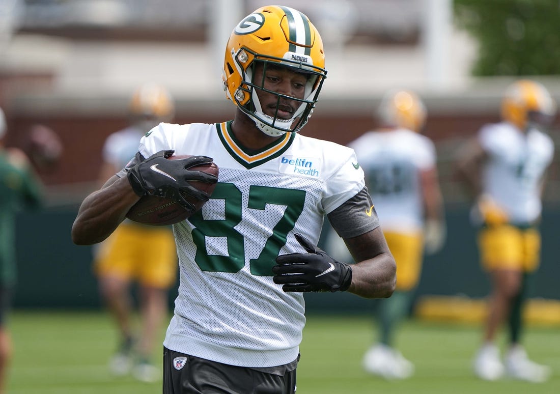 May 31, 2022; Green Bay, WI, USA; Green Bay Packers player  Romeo Doubs (87)  during organized team activities (OTA) Tuesday, May 31, 2022 in Green Bay, Wis.  Mandatory Credit: Mark Hoffman-USA TODAY Sports