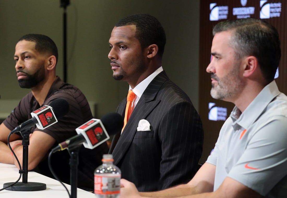 Cleveland Browns quarterback Deshaun Watson, center, along with General Manager Andrew Berry, left, and head coach Kevin Stefanski, right, field questions from reporters during Watson's introductory press conference at the Cleveland Browns Training Facility in Berea.

Watsonpress File 3