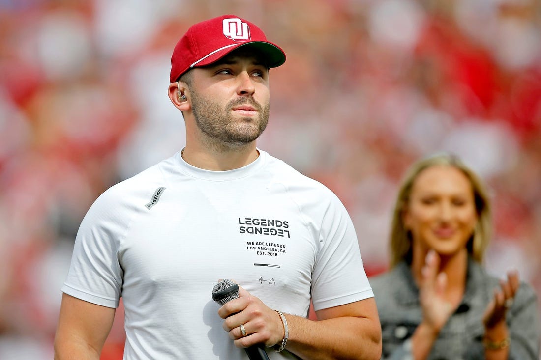 Former OU quarterback Baker Mayfield speaks to the crowd at Owen Field on April 23 in Norman.

cutout