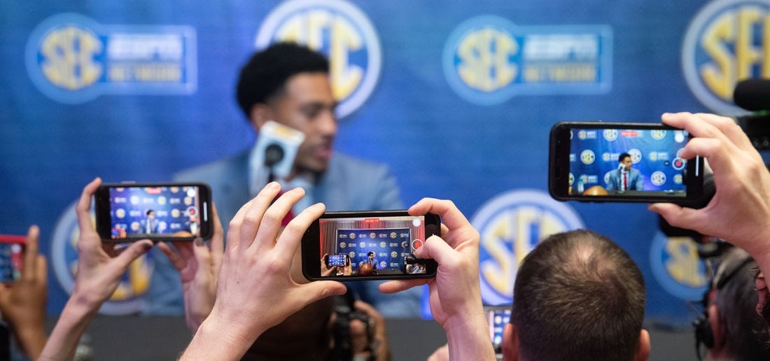 July 19, 2022; Atlanta,GA, USA; Alabama   s Heisman Trophy winning quarterback Bryce Young talks to the media during SEC Media Days at the College Football Hall of Fame in Atlanta Tuesday, July 19, 2022. Gary Cosby Jr.-The Tuscaloosa News

Alabama At Sec Media Days