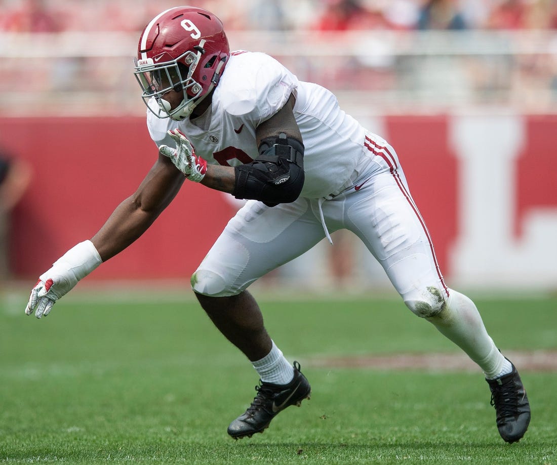 Alabama linebacker Eyabi Anoma (9) during second half action in the Alabama A-Day spring football scrimmage game at Bryant Denny Stadium in Tuscaloosa, Ala., on Saturday April 13, 2019. 

Anoma01