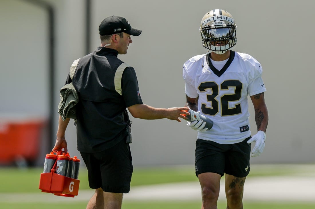 Jun 14, 2022; New Orleans, Louisiana, USA;  New Orleans Saints safety Tyrann Mathieu (32) during minicamp at the New Orleans Saints Training Facility. Mandatory Credit: Stephen Lew-USA TODAY Sports