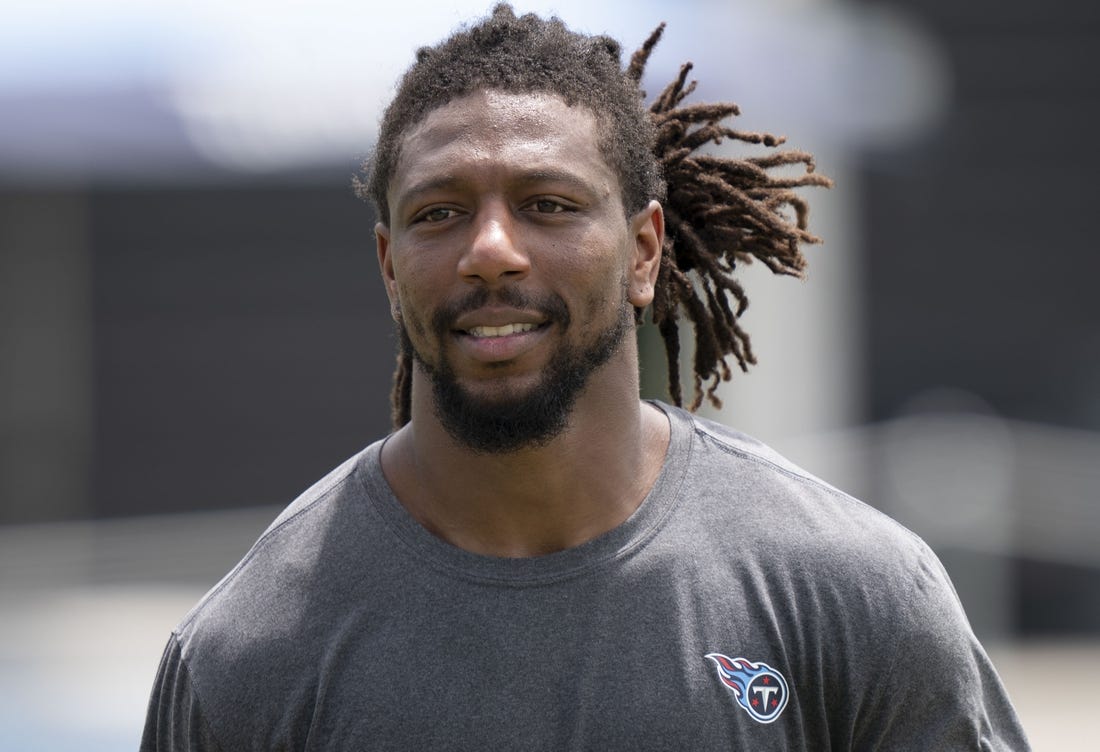 Jul 28, 2022; Nashville, Tennessee, USA;  Tennessee Titans outside linebacker Bud Dupree (48) walks off the field after a training camp practice at Saint Thomas Sports Park.  Mandatory Credit: George Walker IV-USA TODAY Sports
