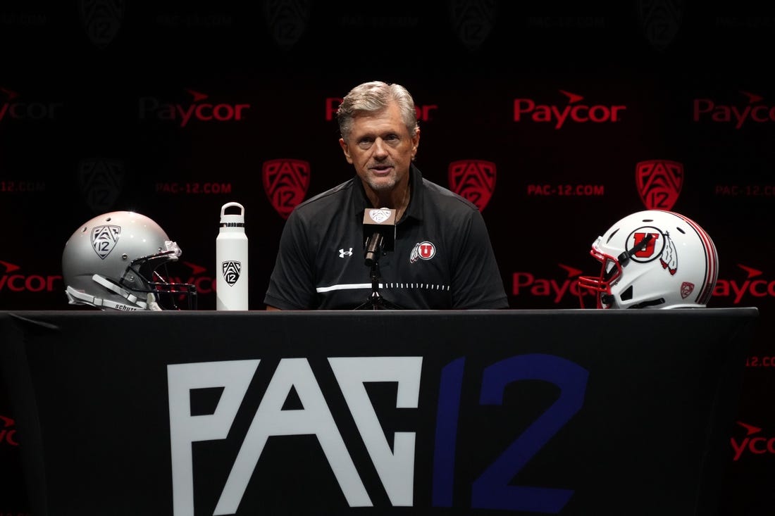 Jul 29, 2022; Los Angeles, CA, USA; Utah Utes coach Kyle Whittingham speaks during Pac-12 Media Day at Novo Theater. Mandatory Credit: Kirby Lee-USA TODAY Sports