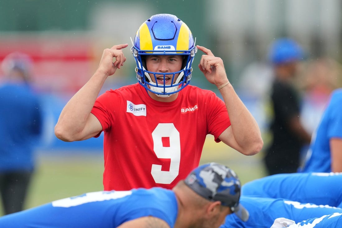 Jul 31, 2022; Irvine, CA, USA; Los Angeles Rams quarterback Matthew Stafford (9) during training camp at UC Irvine. Mandatory Credit: Kirby Lee-USA TODAY Sports