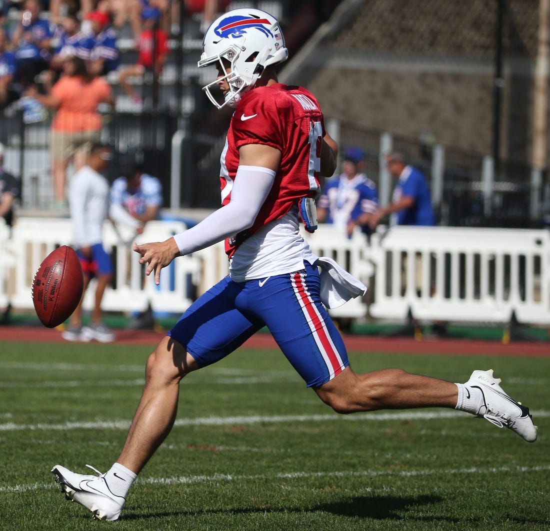 Punter Matt Araiza sends the ball downfield during special teams drills on the last day of the Buffalo Bills training camp at St John Fisher University in Rochester Thursday, Aug. 11, 2022.

Sd 081122 Bills Camp 17 Spts