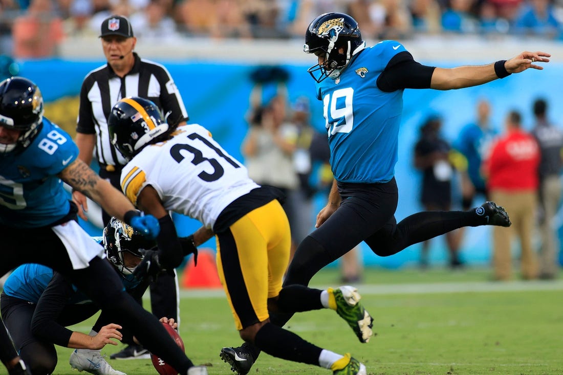 Jacksonville Jaguars place kicker Ryan Santoso #19 misses his first field goal of the game during the first quarter of an NFL preseason game Saturday, Aug. 20, 2022 at TIAA Bank Field in Jacksonville. [Corey Perrine/Florida Times-Union]

Jki 082022 Jags Vs Steelers Cp 90