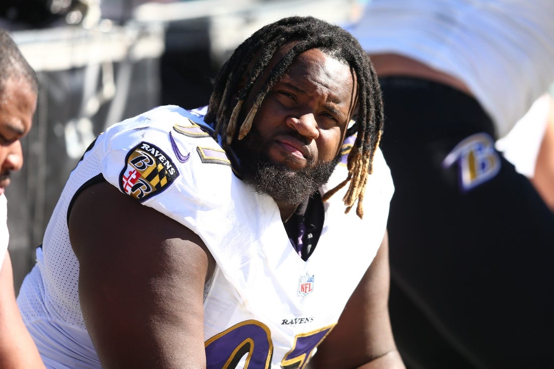 Oct 28, 2018; Charlotte, NC, USA; Baltimore Ravens defensive tackle Michael Pierce (97) sits on the bench during the game against the Carolina Panthers at Bank of America Stadium. Mandatory Credit: Jeremy Brevard-USA TODAY Sports