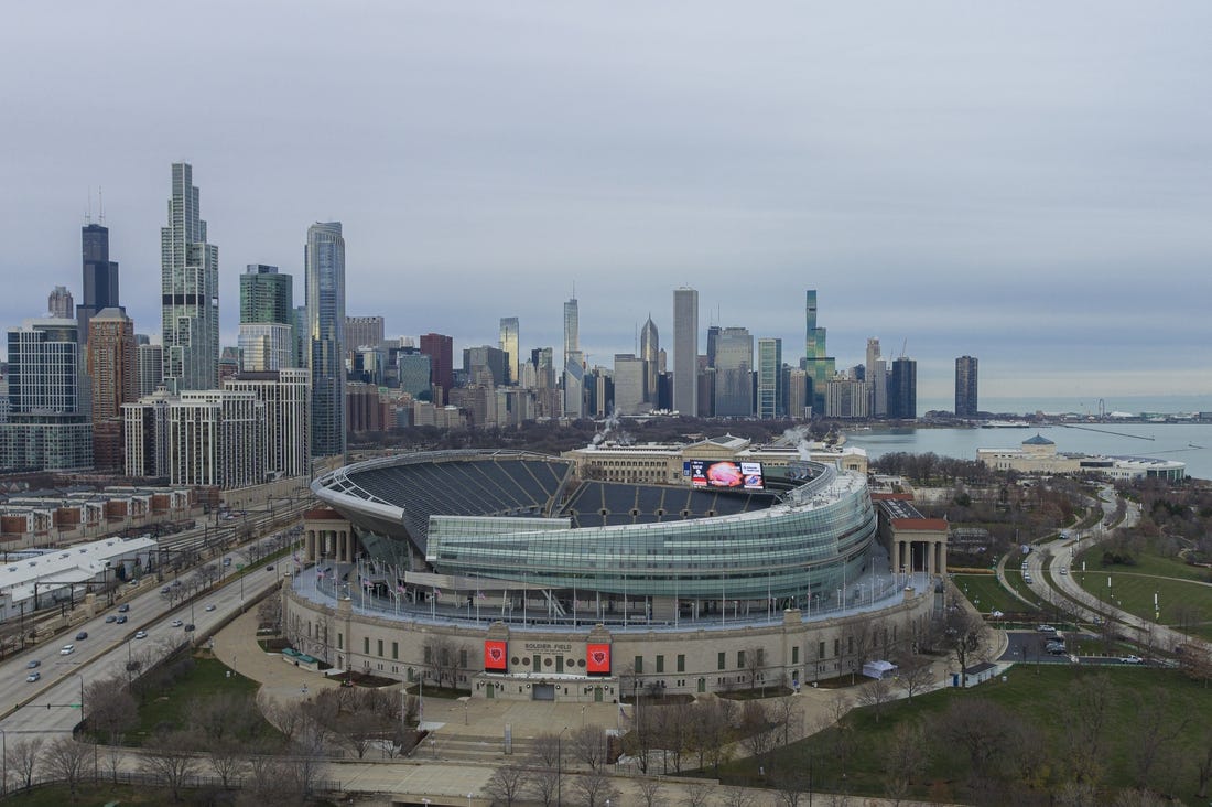 Dec 13, 2020; Chicago, Illinois, USA; In this drone image, a general view of Soldier Field with the Chicago skyline before a game between the Chicago Bears and the Houston Texans the at Soldier Field. Mandatory Credit: Quinn Harris-USA TODAY Sports