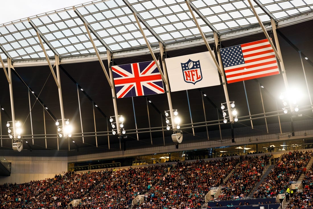 Oct 17, 2021; London, England, United Kingdom;  fans look on during a game featuring the Miami Dolphins and Jacksonville Jaguars at Tottenham Hotspur Stadium. Mandatory Credit: Nathan Ray Seebeck-USA TODAY Sports