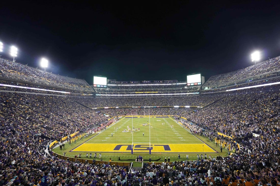 Nov 13, 2021; Baton Rouge, Louisiana, USA; A general overall view of Tiger Stadium during a game between the LSU Tigers and the Arkansas Razorbacks. Mandatory Credit: Kirby Lee-USA TODAY Sports