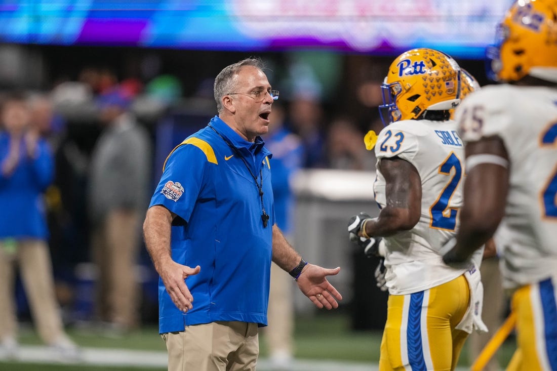 Dec 30, 2021; Atlanta, GA, USA; Pittsburgh Panthers head coach Pat Narduzzi on the field prior to the game against the Michigan State Spartans during the 2021 Peach Bowl at Mercedes-Benz Stadium. Mandatory Credit: Dale Zanine-USA TODAY Sports