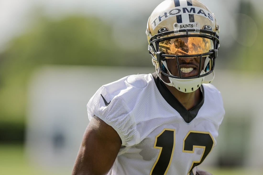 Jul 27, 2022; Metairie, LA, USA; New Orleans Saints wide receiver Michael Thomas (13) during training camp at Ochsner Sports Performance Center. Mandatory Credit: Stephen Lew-USA TODAY Sports