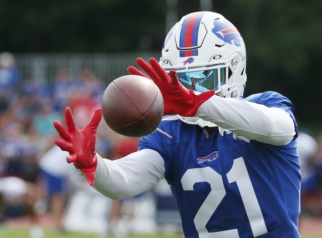 Safety Jordan Poyer pulls in a ball during drills on the fourth day of the Buffalo Bills training camp at St. John Fisher University in Rochester Wednesday, July 27, 2022.

Sd 072722 Bills Camp 5 Spts