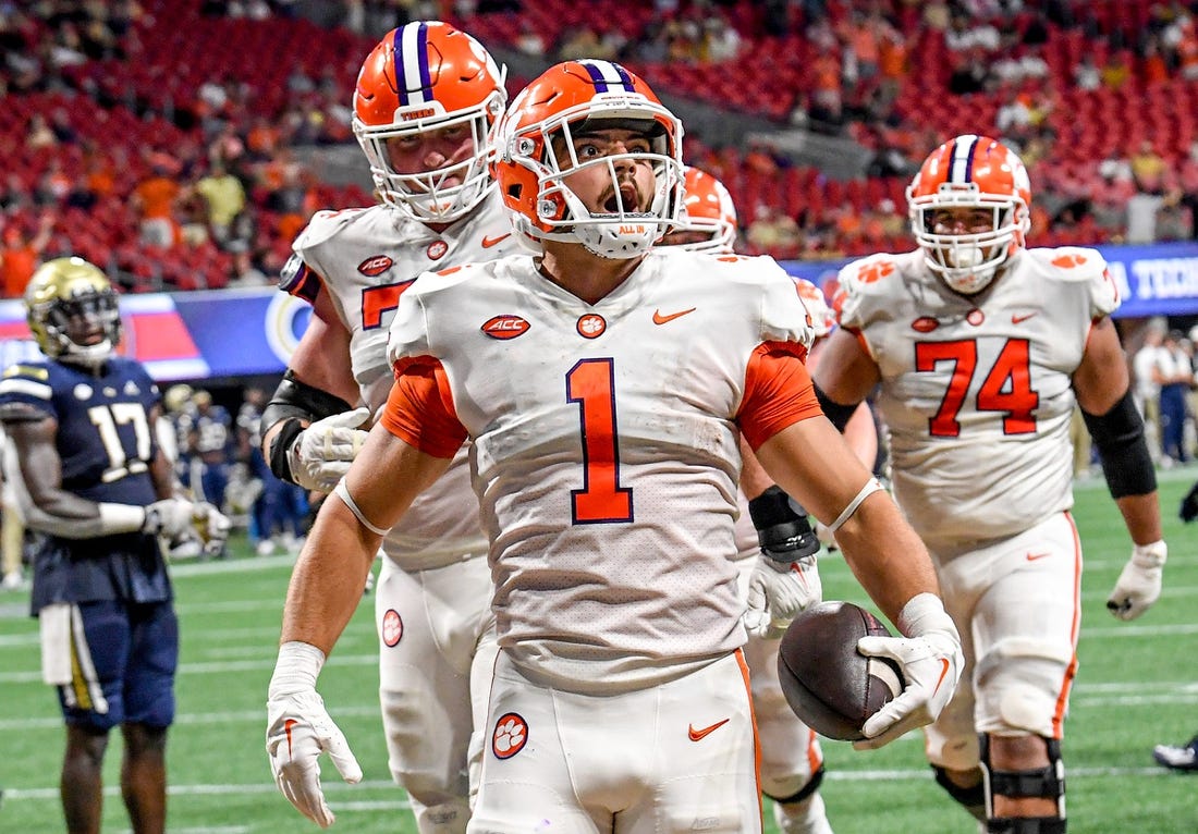 Clemson running back Will Shipley (1) reacts after scoring during the fourth quarter at the Mercedes-Benz Stadium in Atlanta, Georgia Monday, September 5, 2022.

Ncaa Fb Clemson At Georgia Tech