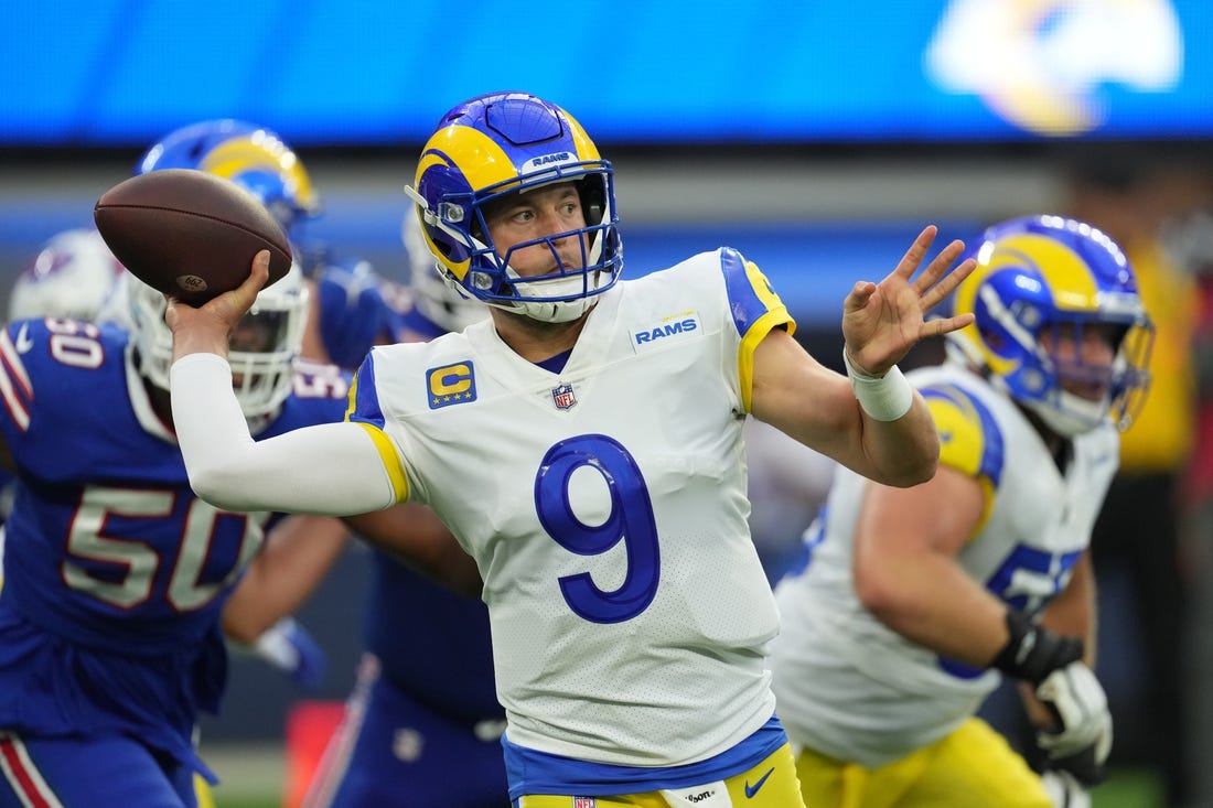 Sep 8, 2022; Inglewood, California, USA; Los Angeles Rams quarterback Matthew Stafford (9) throws the ball in the first quarter against the Buffalo Bills at SoFi Stadium. Mandatory Credit: Kirby Lee-USA TODAY Sports