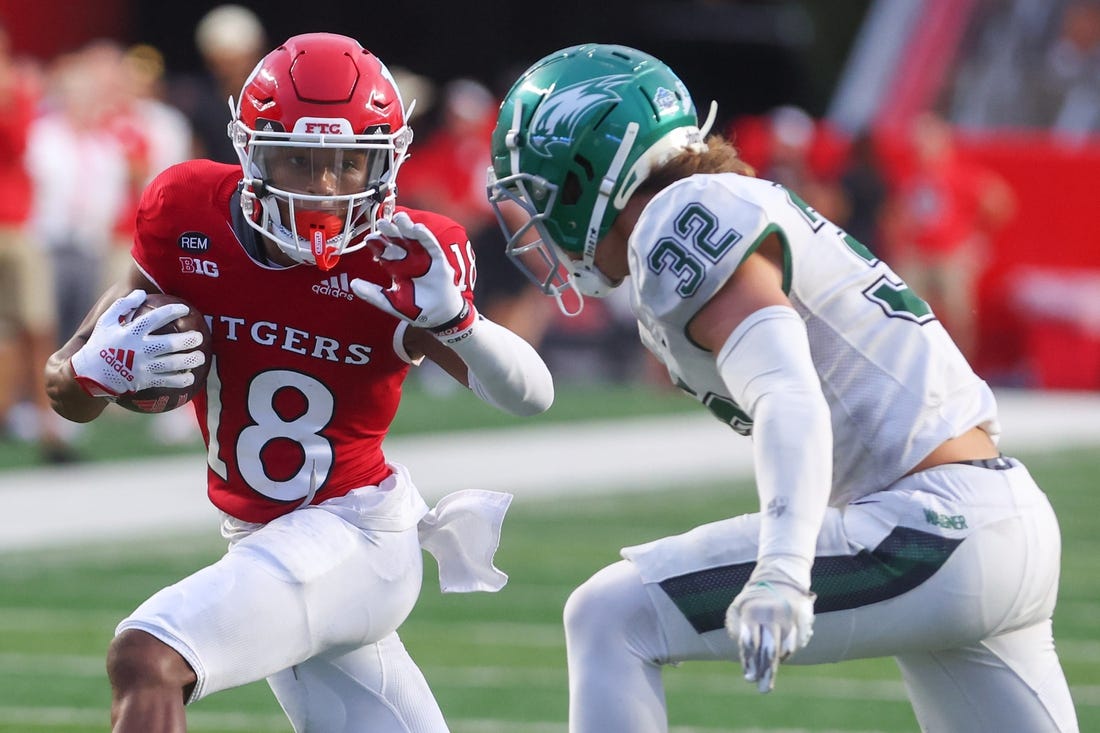 Sep 10, 2022; Piscataway, New Jersey, USA; Rutgers Scarlet Knights wide receiver Rashad Rochelle (18) runs with the ball against the Wagner Seahawks during the second half at SHI Stadium. Mandatory Credit: Ed Mulholland-USA TODAY Sports