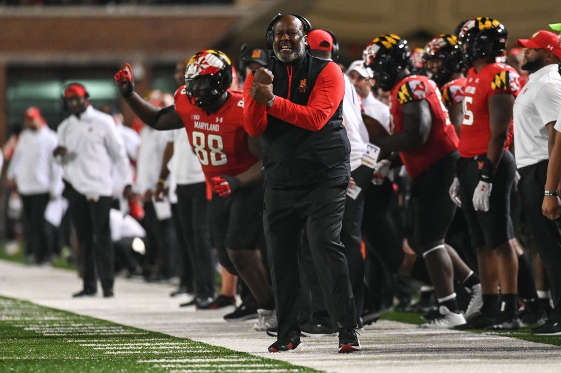 Sep 17, 2022; College Park, Maryland, USA;  Maryland Terrapins head coach Mike Locksley reacts during the second half against the Southern Methodist Mustangs at Capital One Field at Maryland Stadium. Mandatory Credit: Tommy Gilligan-USA TODAY Sports