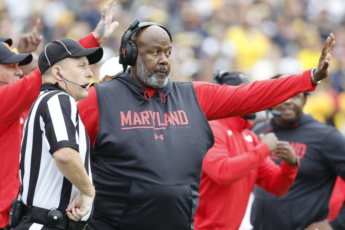 Sep 24, 2022; Ann Arbor, Michigan, USA; Maryland Terrapins head coach Mike Locksley talks to the referee in the second half against the Michigan Wolverines at Michigan Stadium. Mandatory Credit: Rick Osentoski-USA TODAY Sports