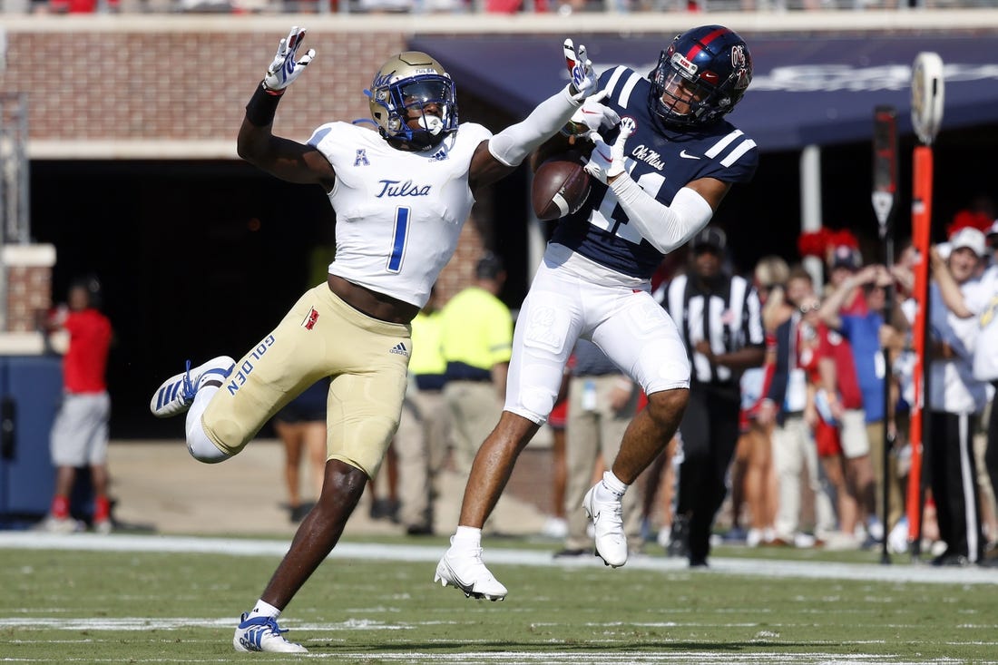 Sep 24, 2022; Oxford, Mississippi, USA; Tulsa Golden Hurricane defensive back Kendarin Ray (1) breaks up a pass intended for Mississippi Rebels wide receiver Jordan Watkins (11) during the first half at Vaught-Hemingway Stadium. Mandatory Credit: Petre Thomas-USA TODAY Sports