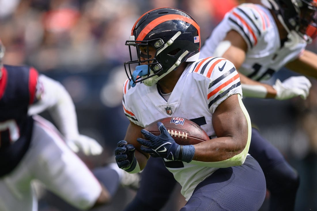 Sep 25, 2022; Chicago, Illinois, USA; Chicago Bears running back Khalil Herbert (24) runs the ball in the second quarter against the Houston Texans at Soldier Field. Mandatory Credit: Daniel Bartel-USA TODAY Sports