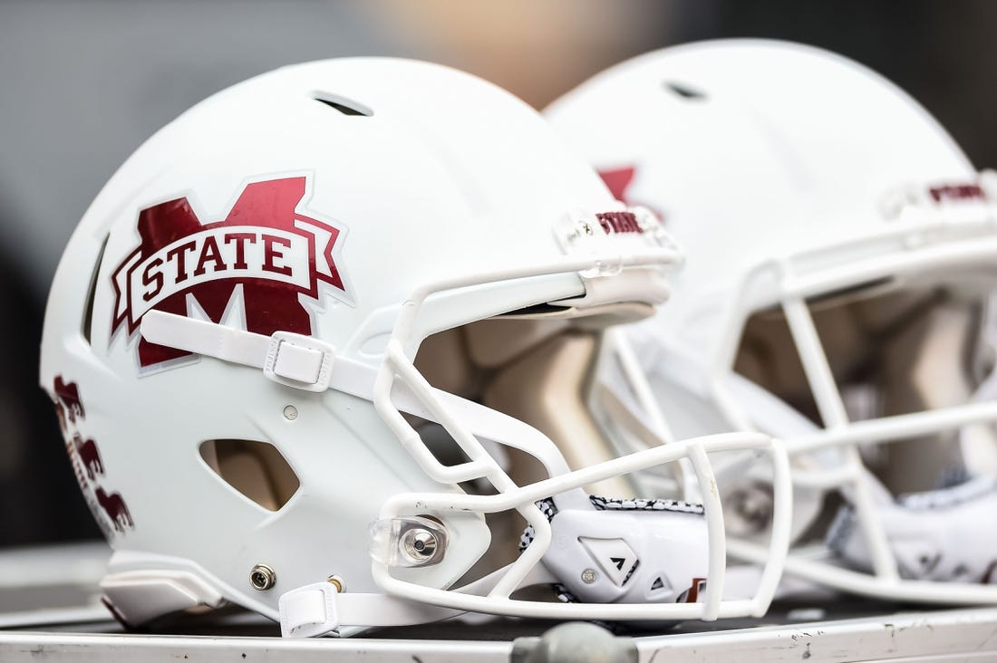 Oct 12, 2019; Knoxville, TN, USA; Mississippi State Bulldogs helmets on the sideline of a game against the Tennessee Volunteers at Neyland Stadium. Mandatory Credit: Bryan Lynn-USA TODAY Sports