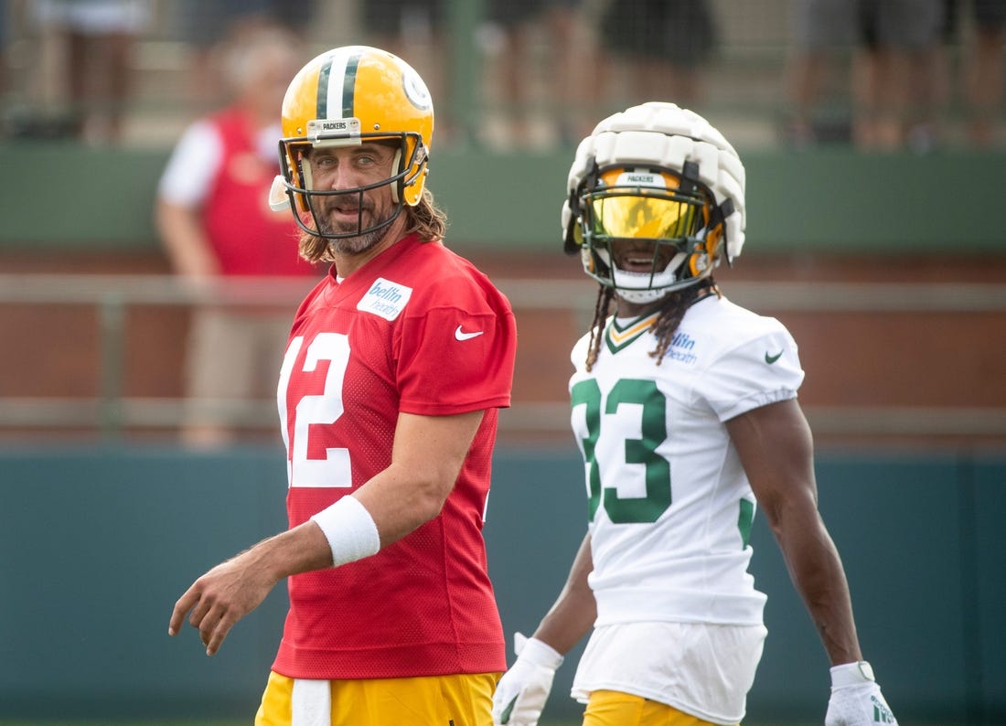 Green Bay Packers quarterback Aaron Rodgers (12) and running back Aaron Jones (33) laugh during the Green Bay Packers training camp on Wednesday, July 27, 2022, at Ray Nitschke Field in Ashwaubenon, Wisconsin. Samantha Madar/USA TODAY NETWORK-Wis.

Gpg Green Bay Packers Training Camp Day 1 07272022 0001