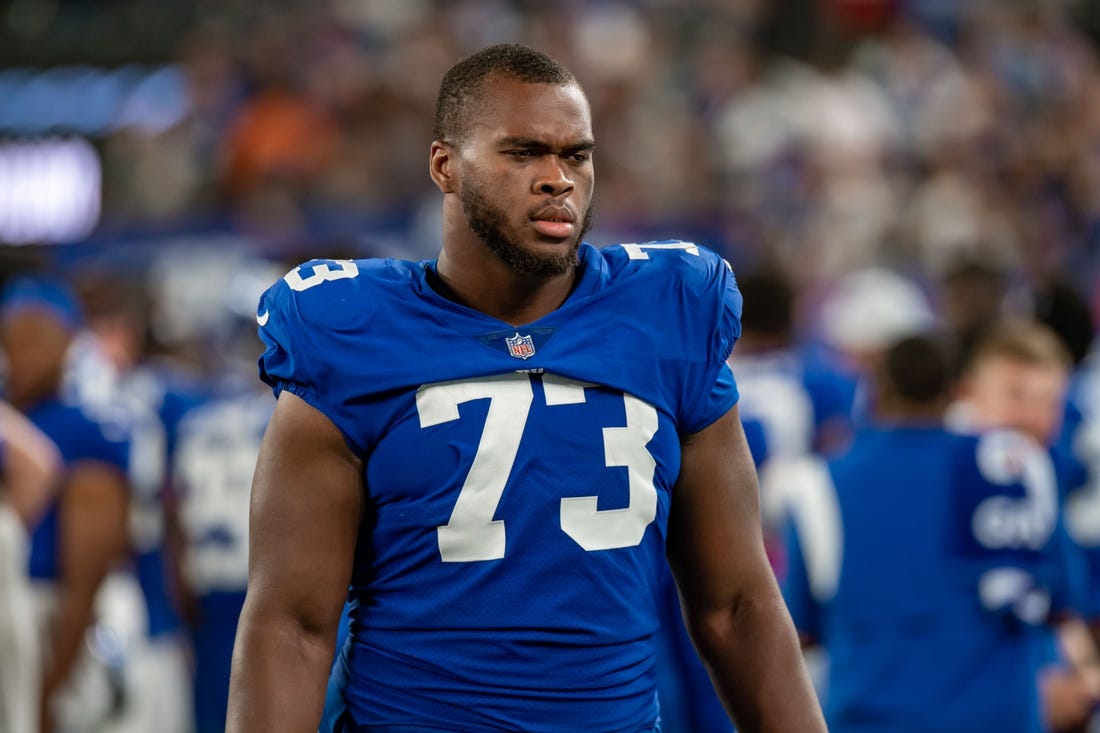 Aug 21, 2022; East Rutherford, New Jersey, USA; New York Giants offensive lineman Evan Neal (73) during the second half against the Cincinnati Bengals at MetLife Stadium. Mandatory Credit: John Jones-USA TODAY Sports