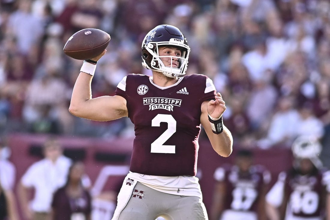 Oct 1, 2022; Starkville, Mississippi, USA; Mississippi State Bulldogs quarterback Will Rogers (2) makes a pass against the Texas A&M Aggies during the fourth quarter at Davis Wade Stadium at Scott Field. Mandatory Credit: Matt Bush-USA TODAY Sports