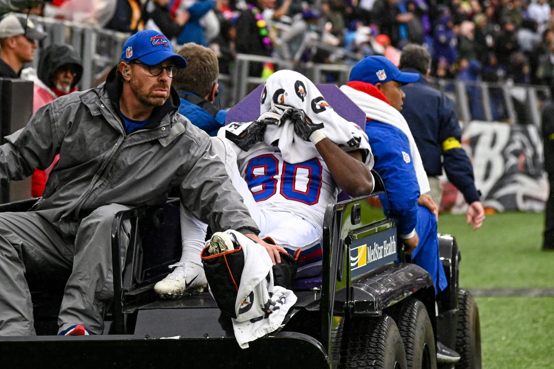 Oct 2, 2022; Baltimore, Maryland, USA;  Buffalo Bills wide receiver Jamison Crowder (80) is carted off the field during the third quarter against the Baltimore Ravens at M&T Bank Stadium. Mandatory Credit: Tommy Gilligan-USA TODAY Sports