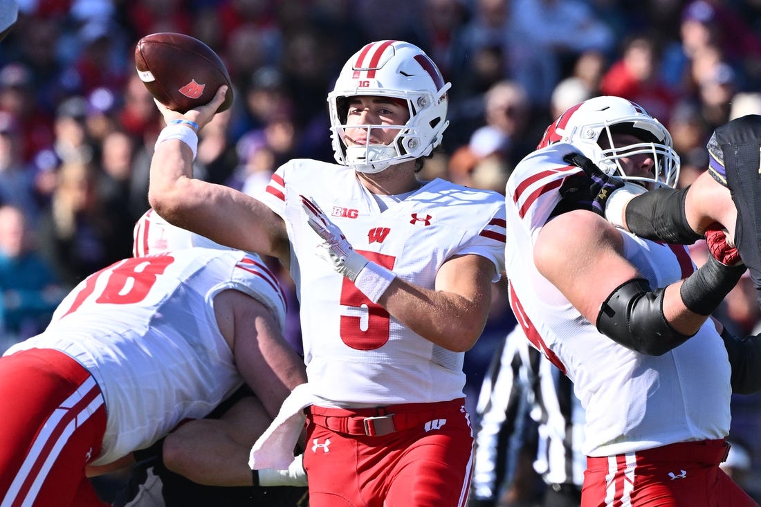 Oct 8, 2022; Evanston, Illinois, USA;  Wisconsin Badgers quarterback Graham Mertz (5) throws a pass in the first quarter against the Northwestern Wildcats at Ryan Field. Mandatory Credit: Jamie Sabau-USA TODAY Sports