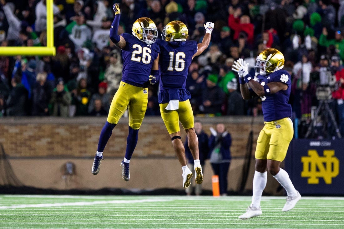 Notre Dame safety Xavier Watts (26), safety Brandon Joseph (16) and safety Houston Griffith (3) celebrate during the Notre Dame vs. Stanford NCAA football game Saturday, Oct. 15, 2022 at Notre Dame Stadium in South Bend.

Notre Dame Vs Stanford Football