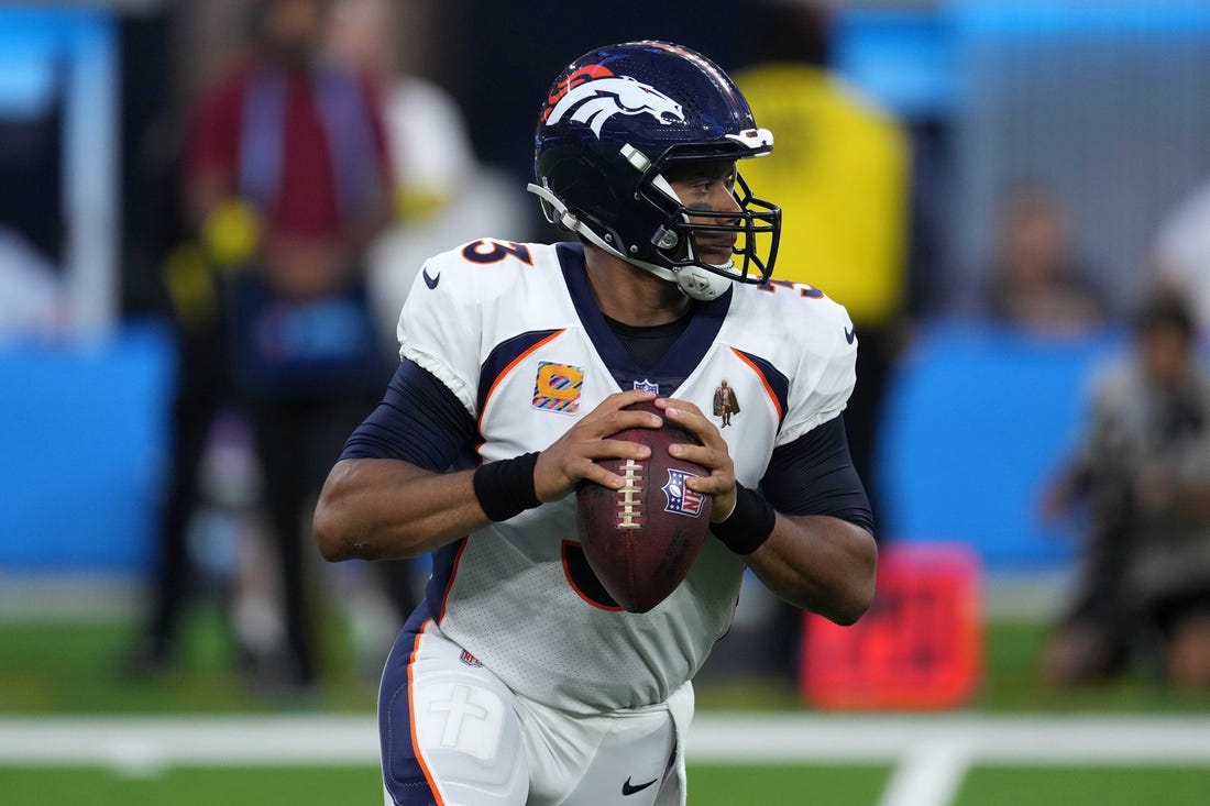 Oct 17, 2022; Inglewood, California, USA; Denver Broncos quarterback Russell Wilson (3) throws the ball in the first half against the Los Angeles Chargers at SoFi Stadium. Mandatory Credit: Kirby Lee-USA TODAY Sports