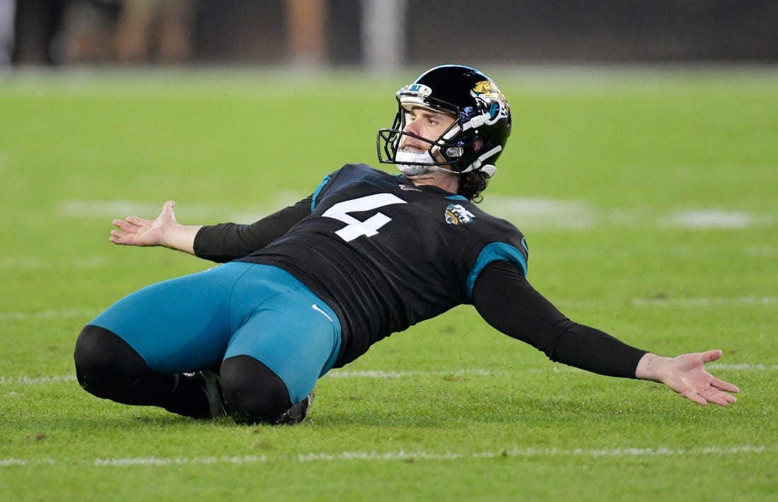 Jacksonville Jaguars place kicker Josh Lambo (4) celebrates kicking a 56-yard field goal against the Colts during the final NFL game of the season Sunday, December 29, 2019 in Jacksonville, Florida. [Will Dickey/Florida Times-Union]

Fljax 122919 5jagsvscolts