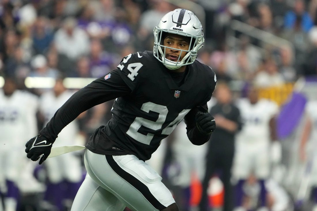Aug 14, 2022; Paradise, Nevada, USA; Las Vegas Raiders safety Johnathan Abram (24) in the first half against the Minnesota Vikings at Allegiant Stadium. Mandatory Credit: Kirby Lee-USA TODAY Sports