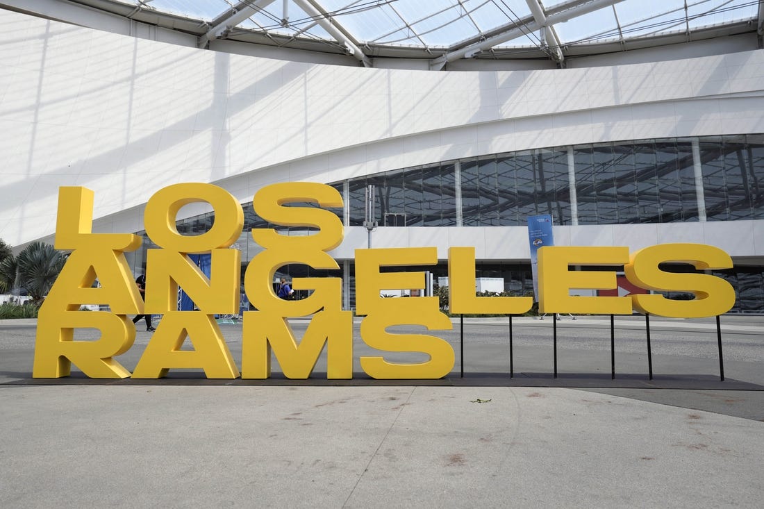 Aug 19, 2022; Inglewood, California, USA; A general overall view of the Los Angeles Rams logo at SoFi Stadium. Mandatory Credit: Kirby Lee-USA TODAY Sports