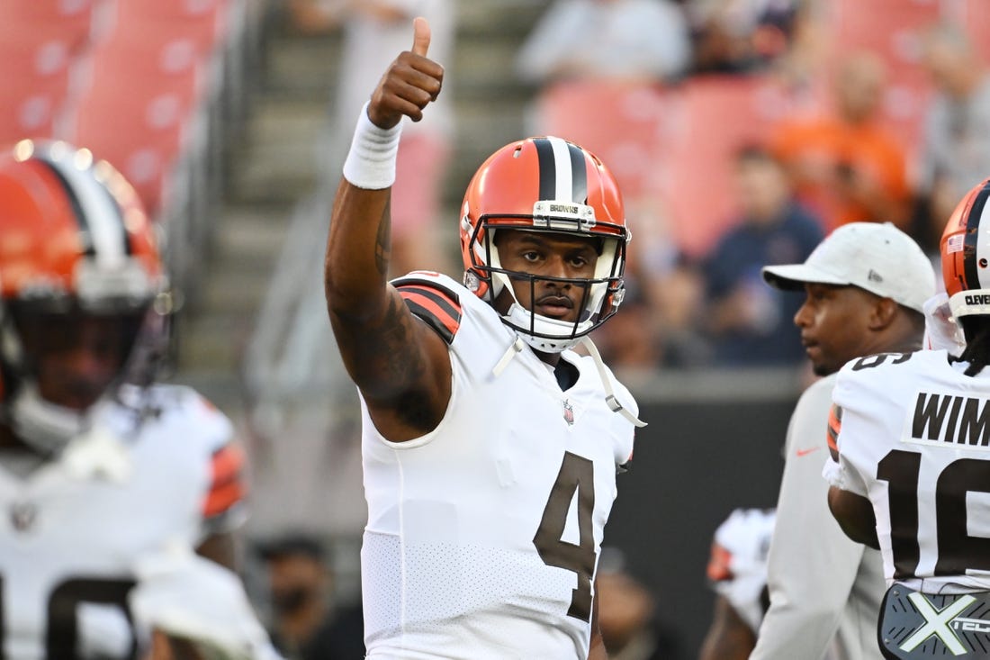 Aug 27, 2022; Cleveland, Ohio, USA;  Cleveland Browns quarterback Deshaun Watson (4) gives a thumbs up to fans before the game between the Browns and the Chicago Bears at FirstEnergy Stadium. Mandatory Credit: Ken Blaze-USA TODAY Sports