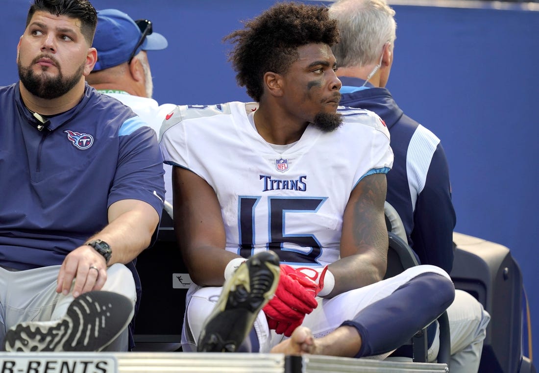 Oct 2, 2022; Indianapolis, Indiana, USA; Tennessee Titans wide receiver Treylon Burks (16) is carted off the field after an injury following a play against the Indianapolis Colts during the first half at Lucas Oil Stadium. Mandatory Credit: Armond Feffer/IndyStar-USA TODAY NETWORK

Nfl Tennessee Titans At Indianapolis Colts