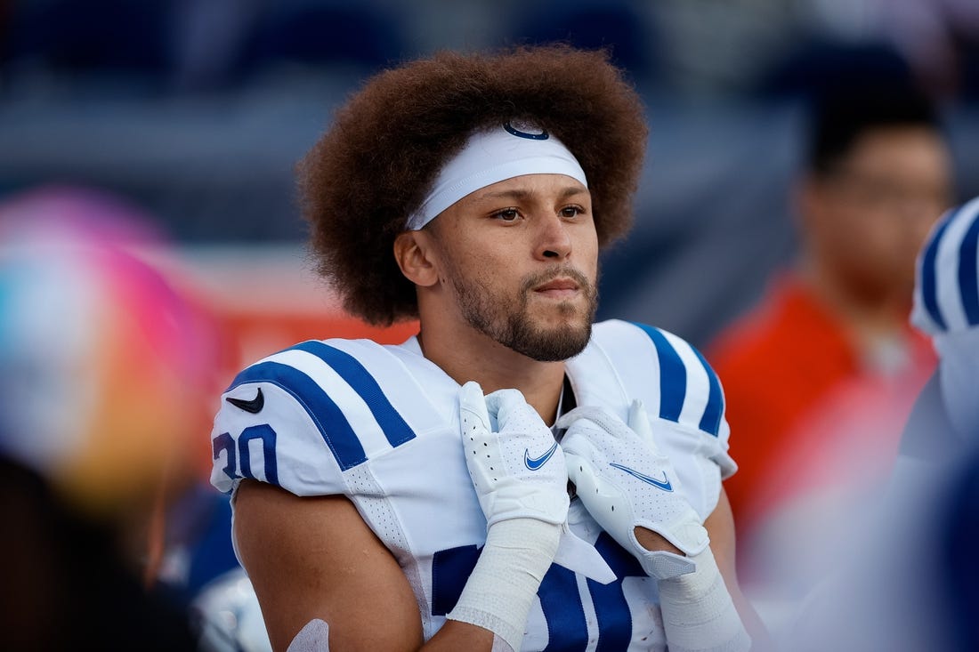 Oct 6, 2022; Denver, Colorado, USA; Indianapolis Colts running back Phillip Lindsay (30) before the game against the Denver Broncos at Empower Field at Mile High. Mandatory Credit: Isaiah J. Downing-USA TODAY Sports