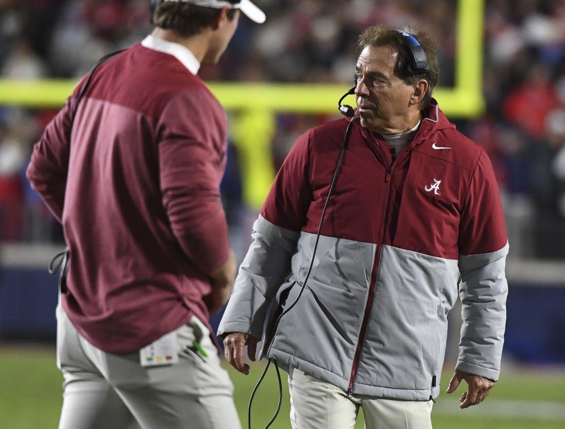 Nov 12, 2022; Oxford, Mississippi, USA;  Alabama Crimson Tide head coach Nick Saban looks onto the field in the fourth quarter against the Ole Miss Rebels at Vaught-Hemingway Stadium. Alabama won 30-24. Mandatory Credit: Gary Cosby Jr.-USA TODAY Sports