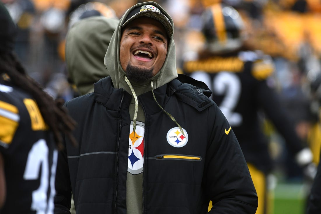 Nov 13, 2022; Pittsburgh, Pennsylvania, USA;  Pittsburgh Steelers safety Minkah Fitzpatrick laughs on the sidelines before a game against the New Orleans Saints at Acrisure Stadium. Mandatory Credit: Philip G. Pavely-USA TODAY Sports