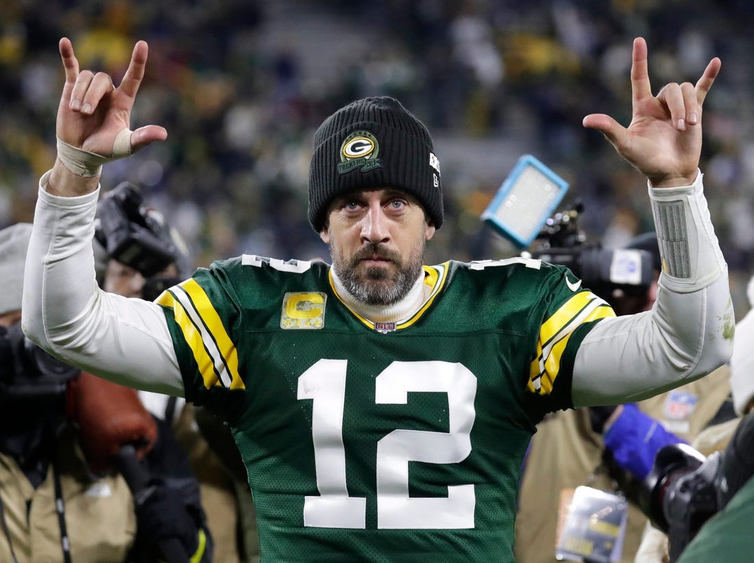 Green Bay Packers quarterback Aaron Rodgers (12) acknowledges the fans as he leaves the field following an overtime victory against the Dallas Cowboys during their football game Sunday, November 13, at Lambeau Field in Green Bay, Wis. Dan Powers/USA TODAY NETWORK-Wisconsin

Apc Packvscowboys 1113222312djpa
