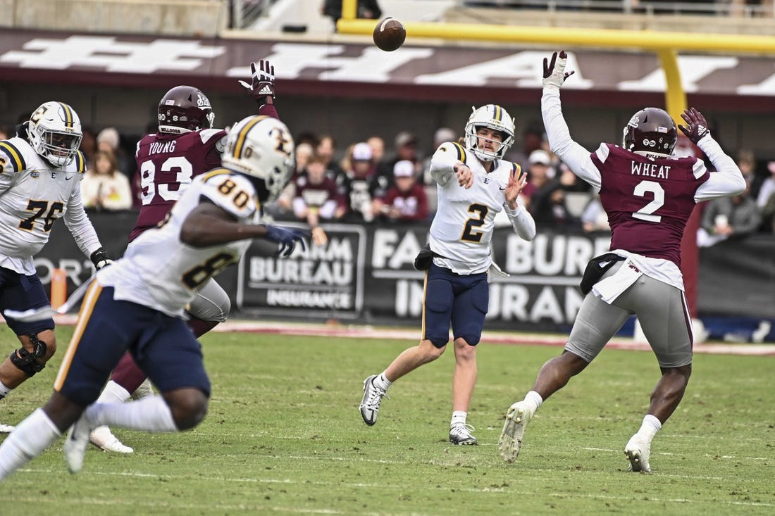 Nov 19, 2022; Starkville, Mississippi, USA; East Tennessee State Buccaneers quarterback Tyler Riddell (2) makes a pass against the Mississippi State Bulldogs during the first quarter at Davis Wade Stadium at Scott Field. Mandatory Credit: Matt Bush-USA TODAY Sports