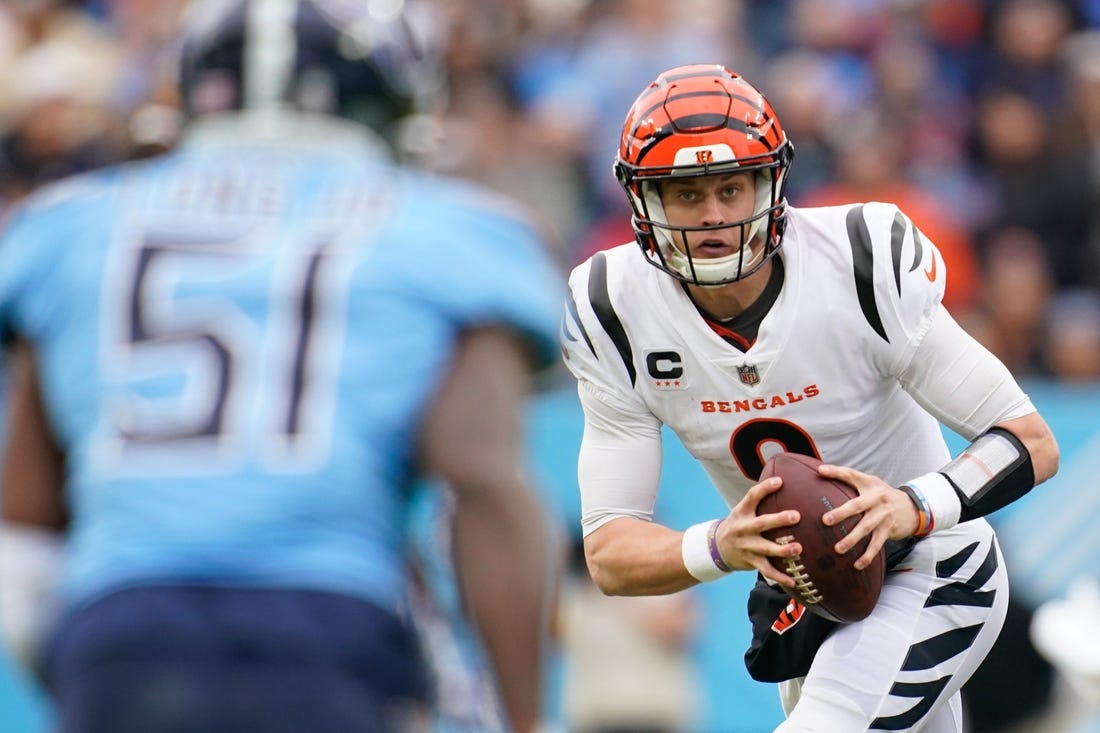 Bengals QB Joe Burrow looks for an opening to pass against the Titans.

Syndication The Columbus Dispatch