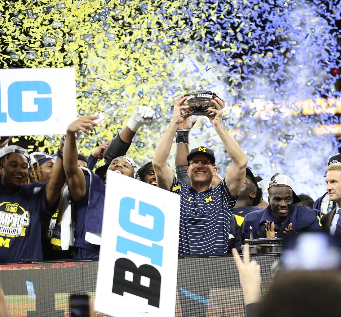 Michigan Wolverines head coach Jim Harbaugh celebrates the 43-22 win against the Purdue Boilermakers in the Big Ten championship game at Lucas Oil Stadium in Indianapolis on Saturday, Dec. 3, 2022.

Michiganbig 120322 Kd 10104