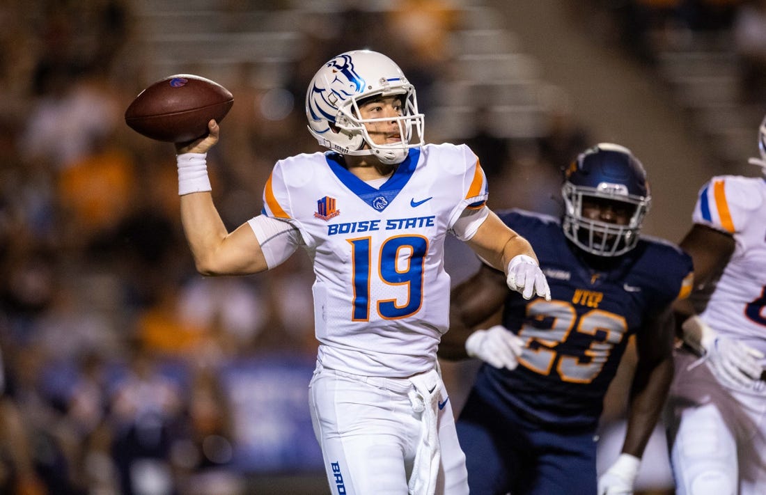 Sep 23, 2022; El Paso, Texas, USA; Boise State quarterback Hank Bachmeier (19) against the UTEP Miners defense in the first half at Sun Bowl. Mandatory Credit: Ivan Pierre Aguirre-USA TODAY Sports
