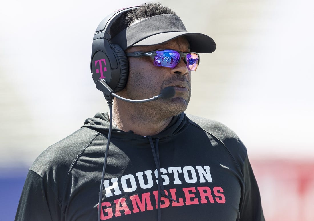 May 8, 2022; Birmingham, AL, USA;  Houston Gamblers head coach Kevin Sumlin paces the sidelines during the first half at Protective Stadium. Mandatory Credit: Vasha Hunt-USA TODAY Sports