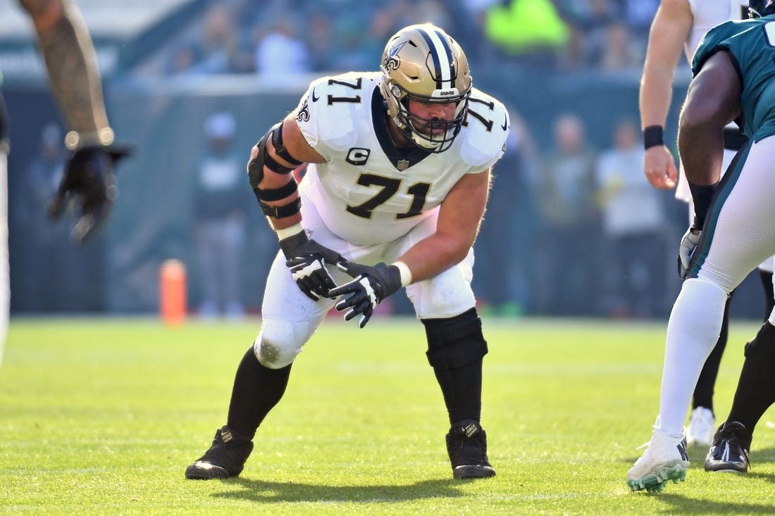 Jan 1, 2023; Philadelphia, Pennsylvania, USA; New Orleans Saints offensive tackle Ryan Ramczyk (71) against the Philadelphia Eagles at Lincoln Financial Field. Mandatory Credit: Eric Hartline-USA TODAY Sports
