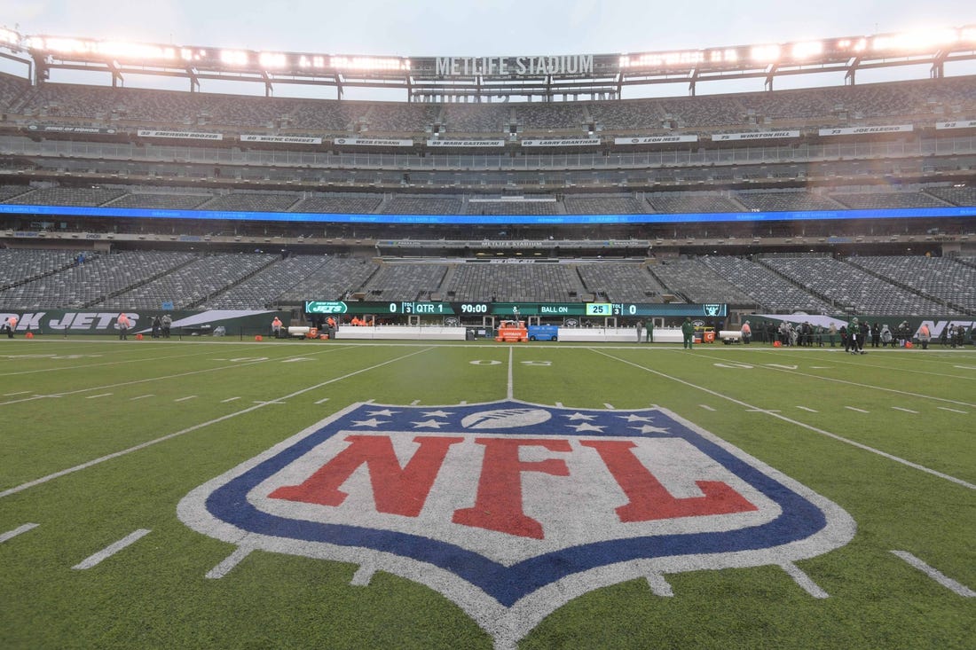 Nov 24, 2019; East Rutherford, NJ, USA; General overall view of the NFL shield logo at midfield at MetLife Stadium. The Jets defeated the Raiders 34-3.  Mandatory Credit: Kirby Lee-USA TODAY Sports